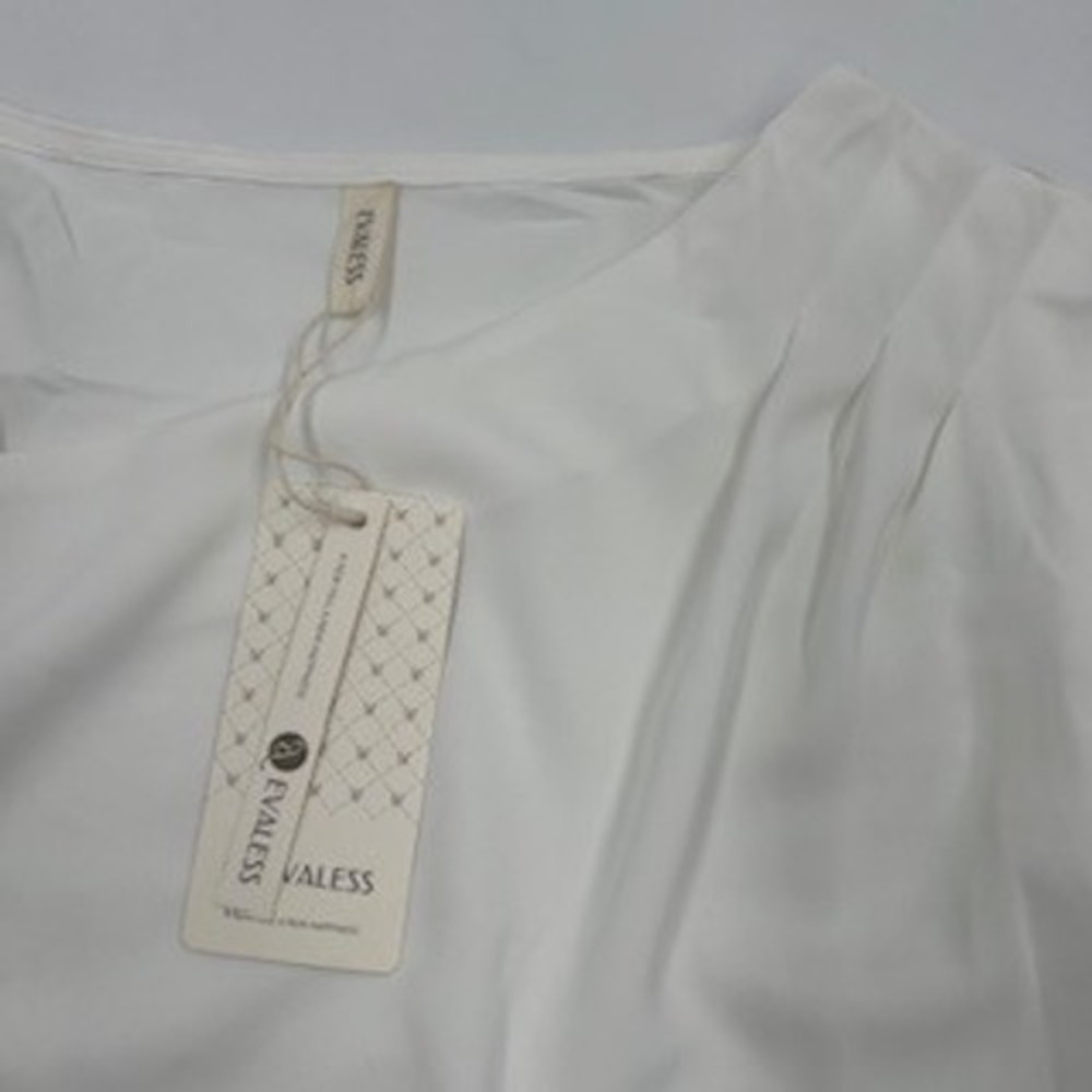 Evaless Womens White Asymmetrical Neckline Blouse Smocked Cuff Size M NWT - Picture 8 of 11